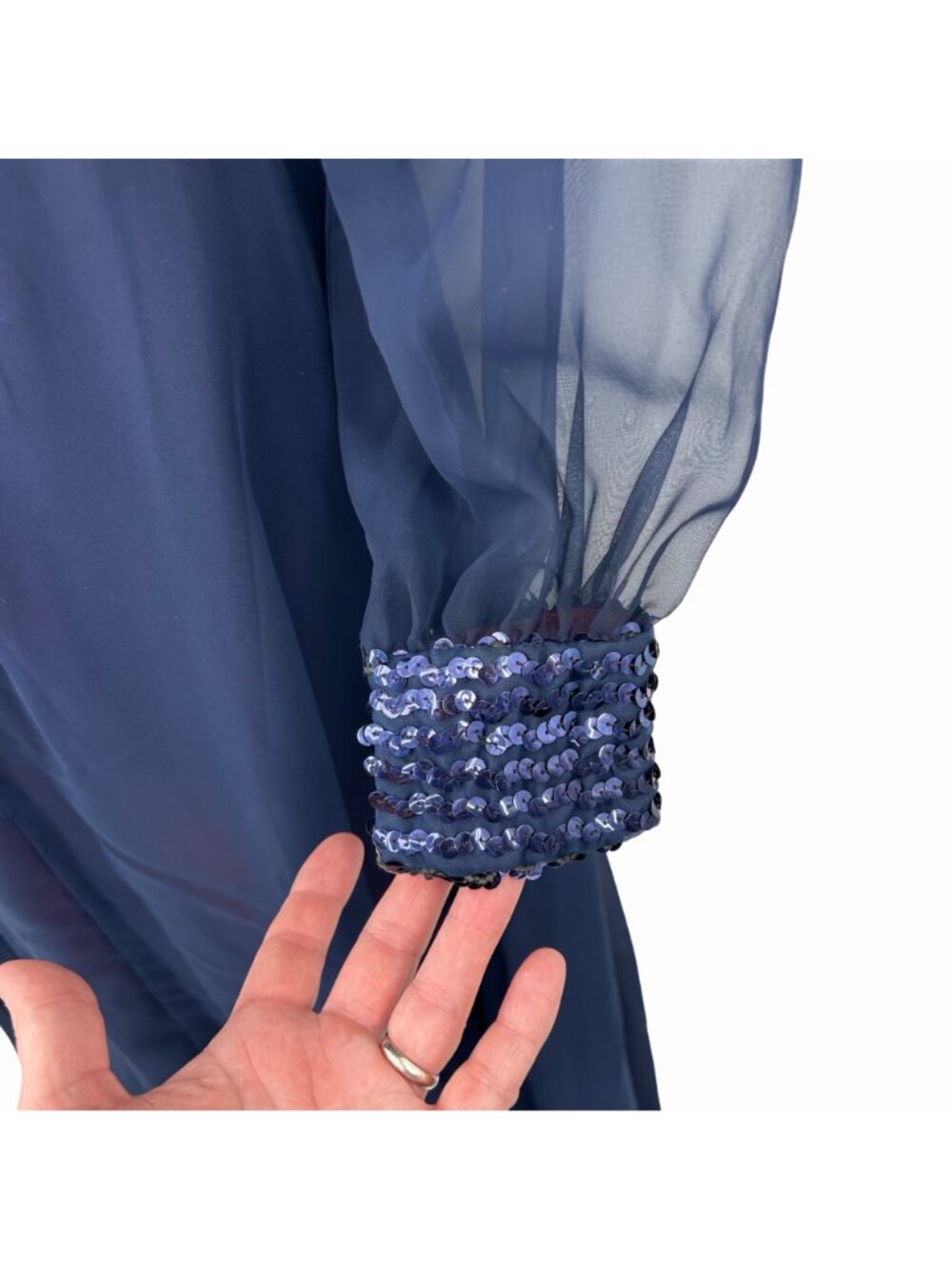 VINTAGE RONA NEW YORK BLUE SEQUIN CHIFFON FORMAL HOLIDAY DRESS - 14 - Picture 5 of 9